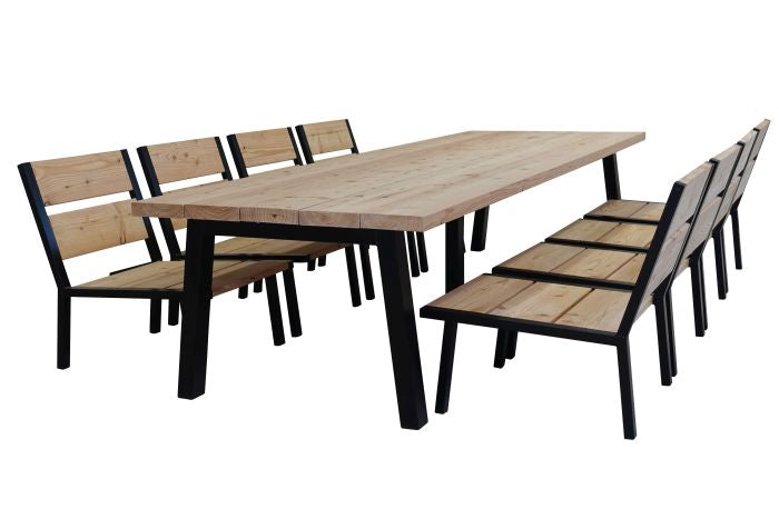 acht persoons douglas houten low diningset met acht stoelen