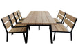 acht persoons douglas houten low diningset met vier stoelen en twee bankjes