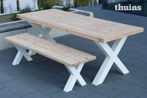 Tuinbank en tuintafel Rustiek Lariks-douglas hout met witte stalen poten
