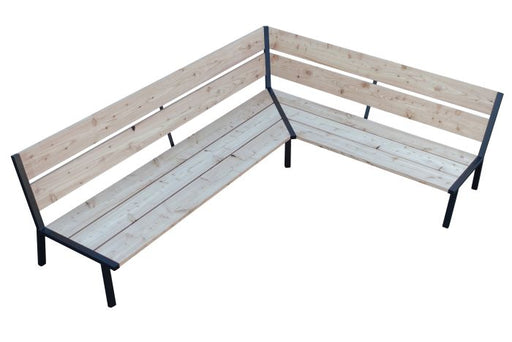 Douglas houten hoekbank met stalen poten, uitvoering links