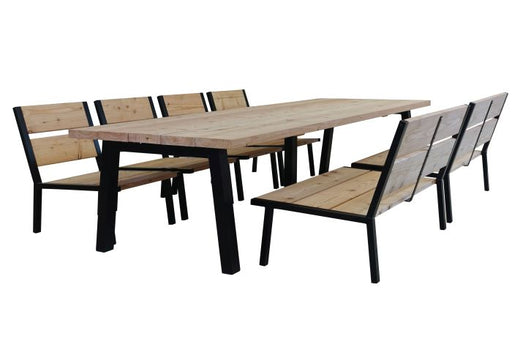 acht persoons douglas houten low diningset met vier stoelen en twee bankjes