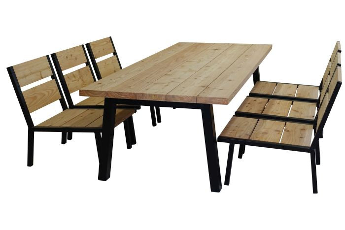 zes persoons douglas houten low diningset met zes stoelen 