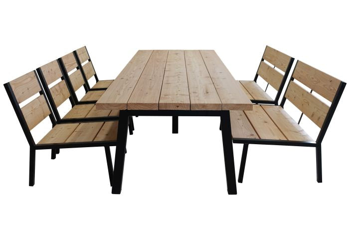 acht persoons douglas houten low diningset met vier stoelen en twee bankjes